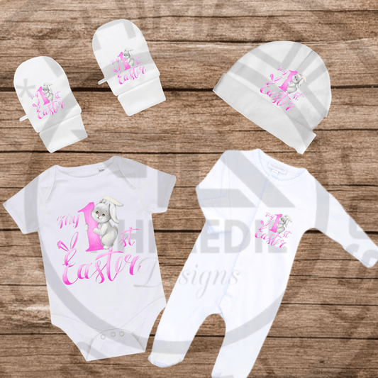 My First Easter Personalized Baby Gift Set - Pink Bunny & Floral Accents - Phimedil Designs